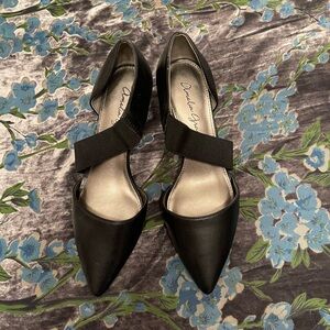 Amanda Smith Black Pointed D'Orsay Heels with Elastic Cross Strap